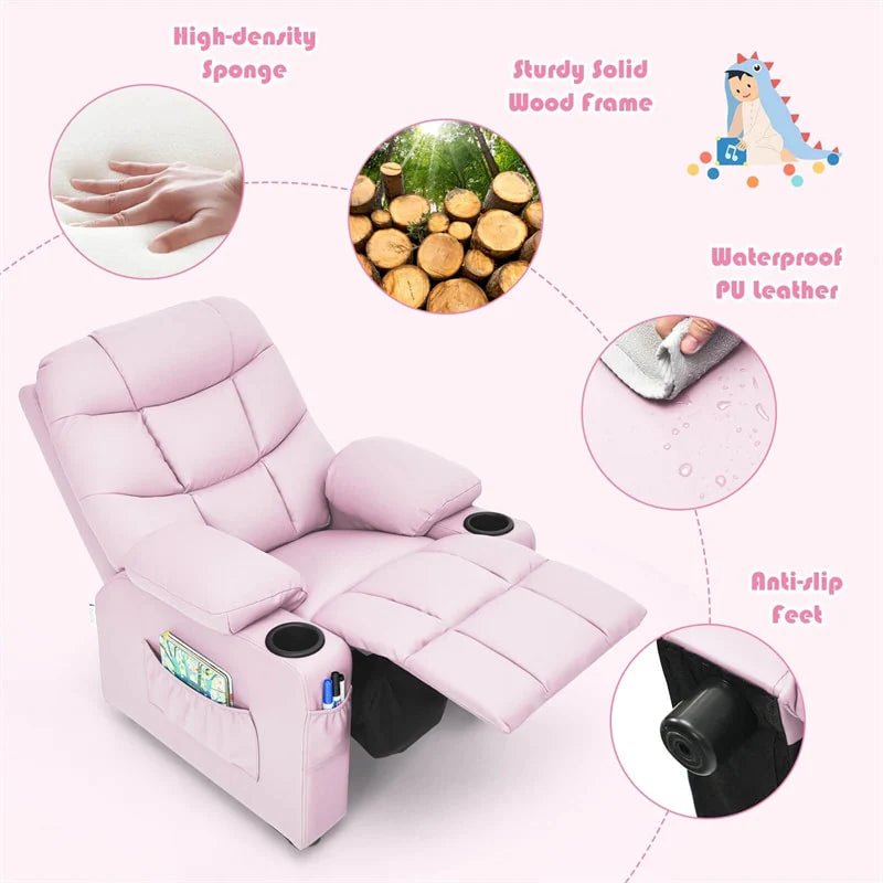 Kids Recliner Chair PU Leather Adjustable Lounge Sofa with Cup Holder. 3 Pockets & Retractable Footrest. Ergonomic Toddler Furniture Sofa
