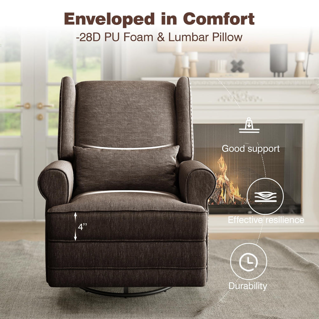 Royalcraft Swivel Nursery Glider Recliner. Comfy Upholstered Glider Chair with Lumbar Pillow and Footrest. Beige