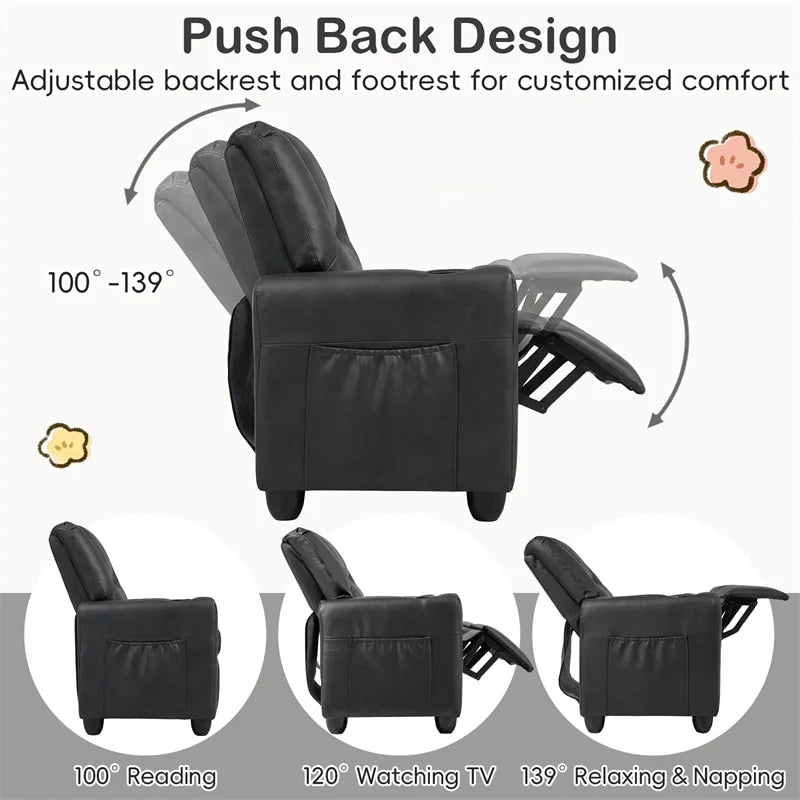 2-Seater Kids Recliner. PU Leather Reclining Loveseat with Cup Holders & 2 Side Storage Pockets. Adjustable Double Toddler Sofa for Boys Girls