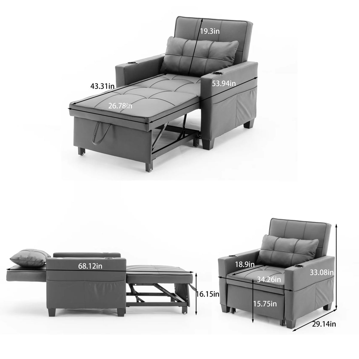 Convertible Futon Sofa Bed. 3 - in - 1 Multi - Functional Sleeper Chair Bed with USB Ports. Adjustable Backrest Recliner. for Living Room Bedroom Small Space. Tech Cloth. Dark Grey