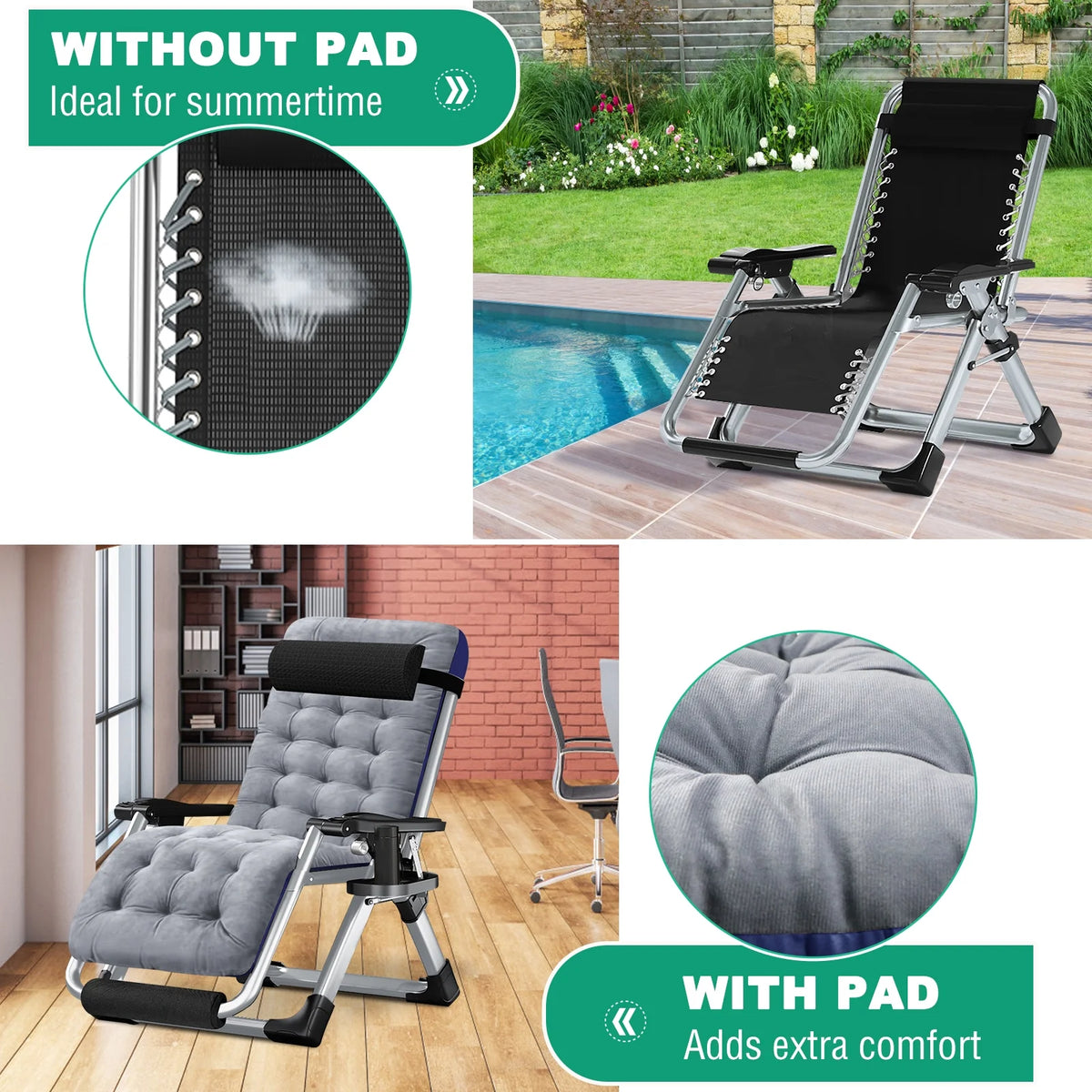 NAIZEA 2 Pack Zero Gravity Chair. Foldable Portable Lawn Recliner with Cushion. Headrest. Cup Holder. Black