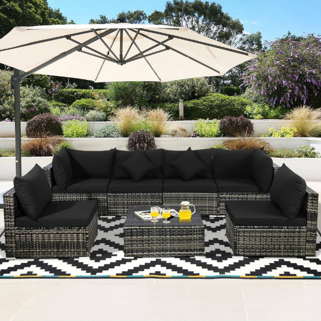 7-Piece Wicker Patio Conversation Set with Black Cushions