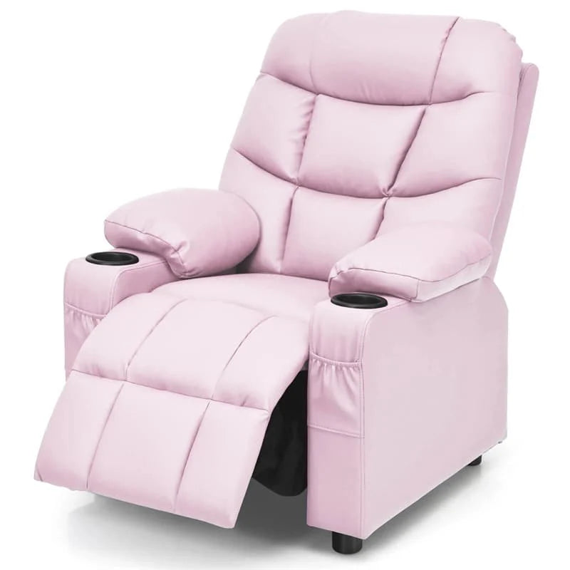 Kids Recliner Chair PU Leather Adjustable Lounge Sofa with Cup Holder. 3 Pockets & Retractable Footrest. Ergonomic Toddler Furniture Sofa
