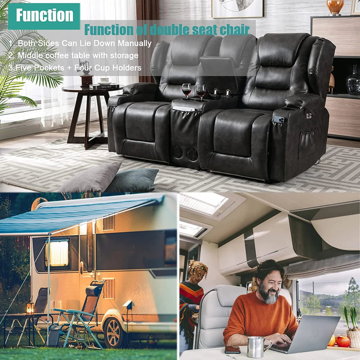 IPKIG Electric Home Theater Seating - Power Recline Chair Loveseat RV Sofa with Console. 67 Double Recliner 2 - Seater RV Couch with Storage/USB Charging/Lighting/Cup Holders for Living Room