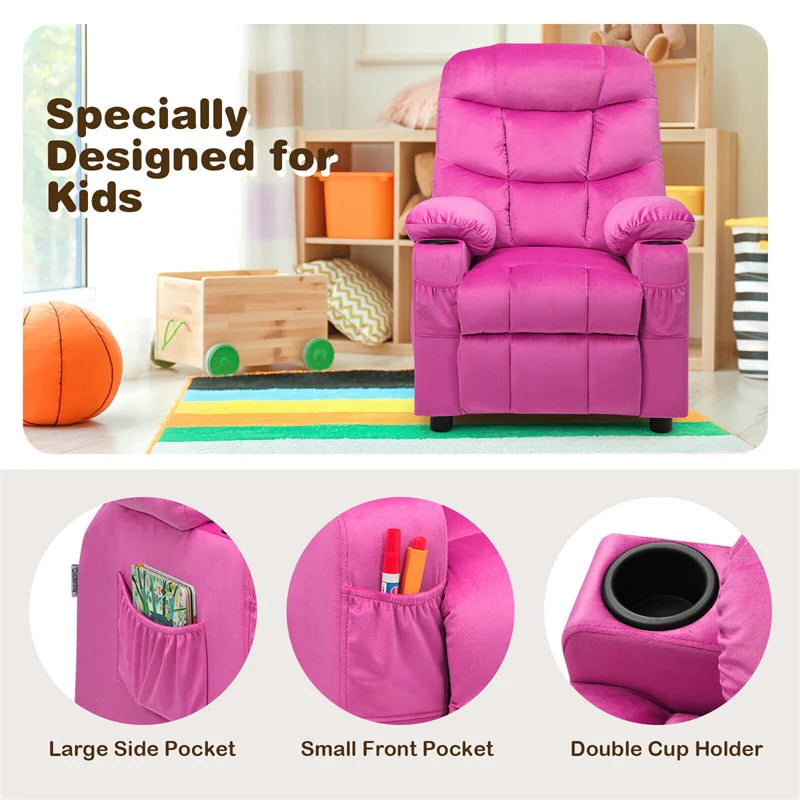 Kids Recliner Chair Adjustable Velvet Lounge Sofa with Cup Holders. 3 Pockets. Retractable Footrest. Toddler Furniture Sofa for Boys Girls Room