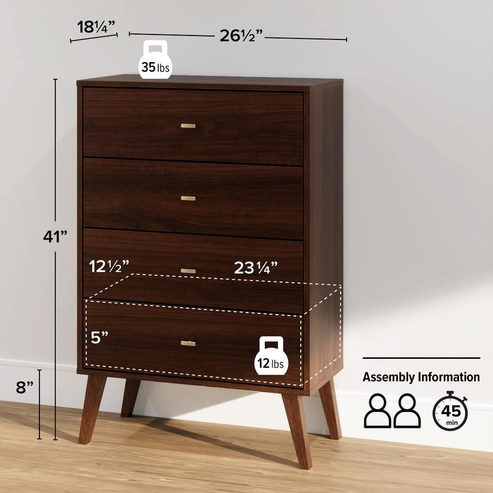 Prepac Milo Mid-Century Modern 4 Drawer Chest of Drawers. Contemporary Bedroom Furniture. Small Dresser for Bedroom