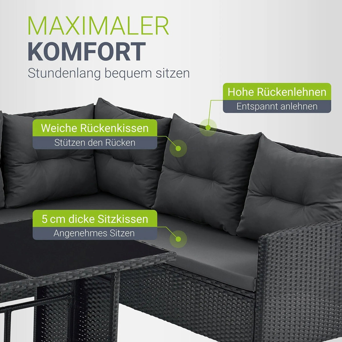 Juskys Polyrattan Lounge Manacor - Sofa. Tisch. Hocker & Kissen - Schwarz & Grau