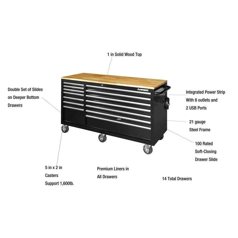 62 in. 14-Drawer Mobile Workbench with Solid Wood Top. Black
