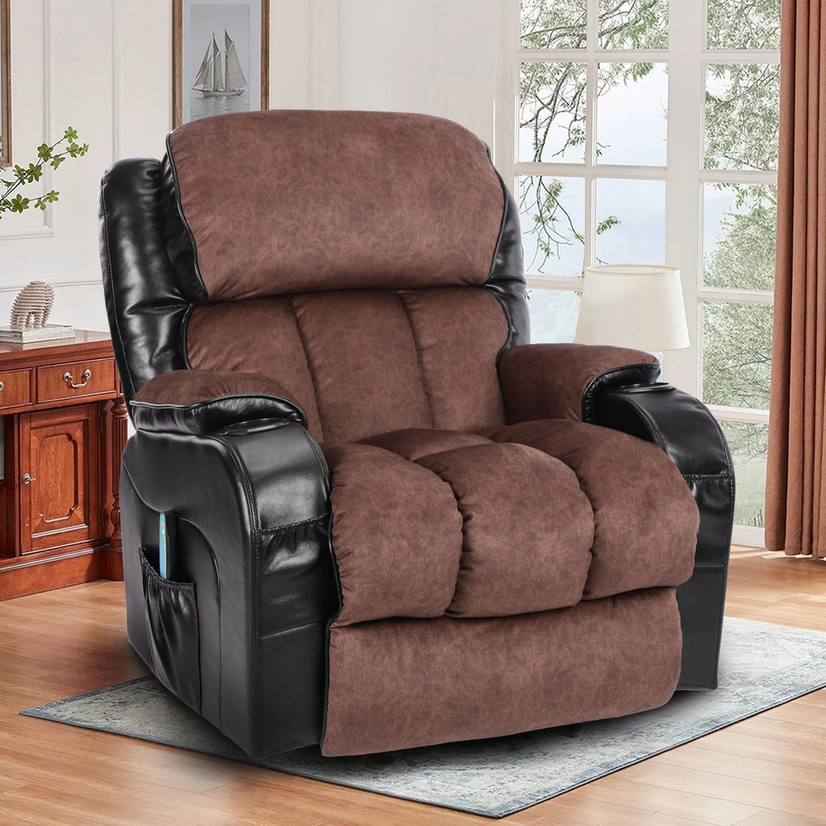 Leather Massage Recliner Chair. Modern Electric Power Rocker with Heated Massage. Ergonomic Lounge Chair. SEGMART Single Sofa Seat with Drink Holders for Living Room. Black and Brown