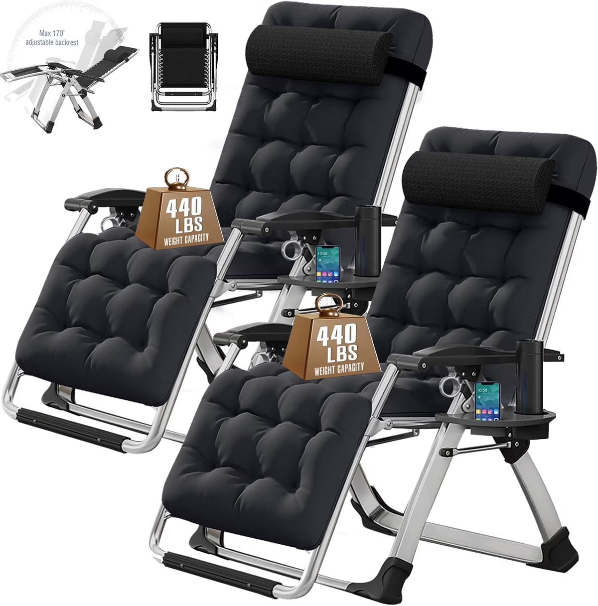 NAIZEA 2 Pack Zero Gravity Chair. Foldable Portable Lawn Recliner with Cushion. Headrest. Cup Holder. Black