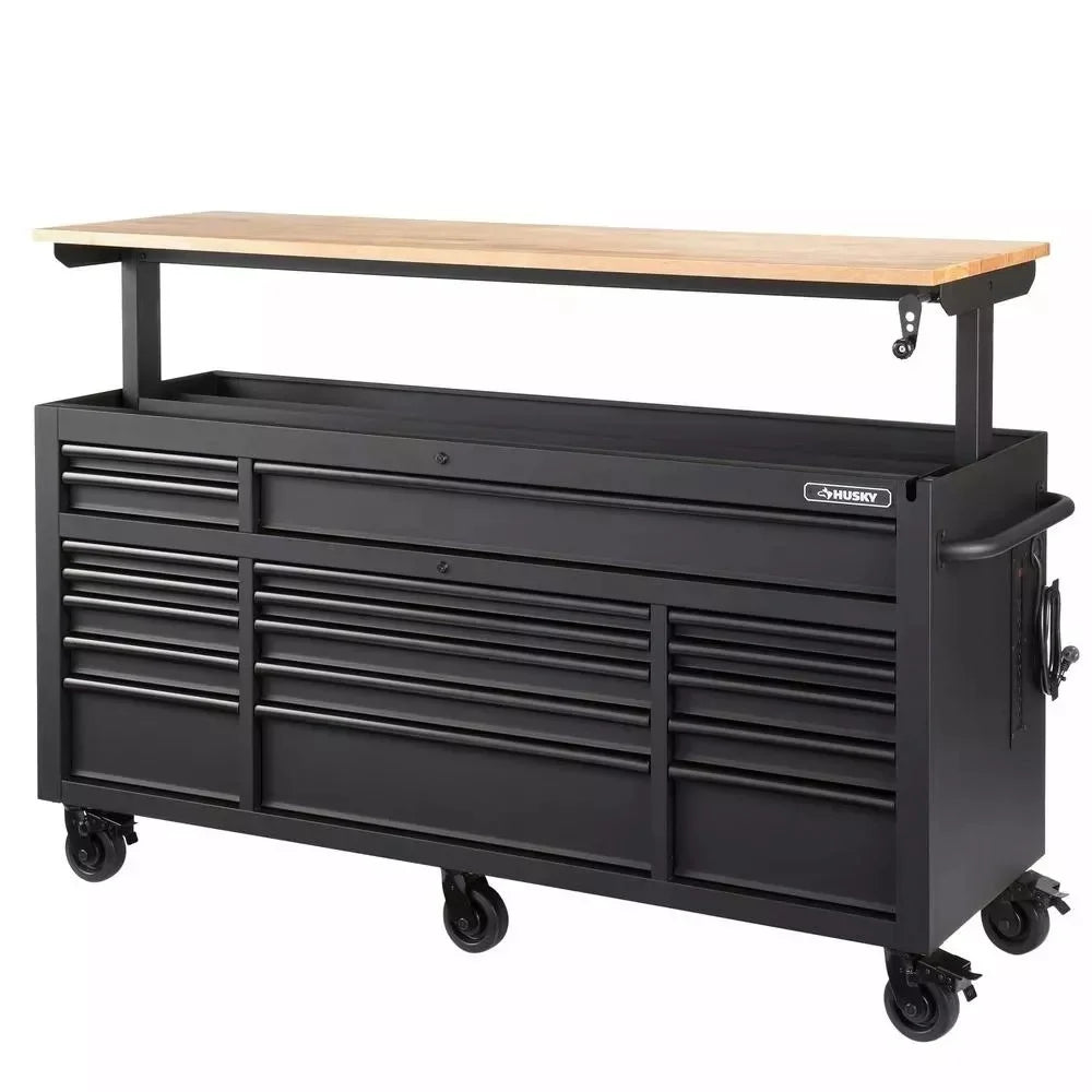 HEAVY-DUTY 72 IN. W 18-DRAWER. DEEP TOOL CHEST MOBILE WORKBENCH IN MATTE BLACK WITH ADJUSTABLE-HEIGHT HARDWOOD TOP