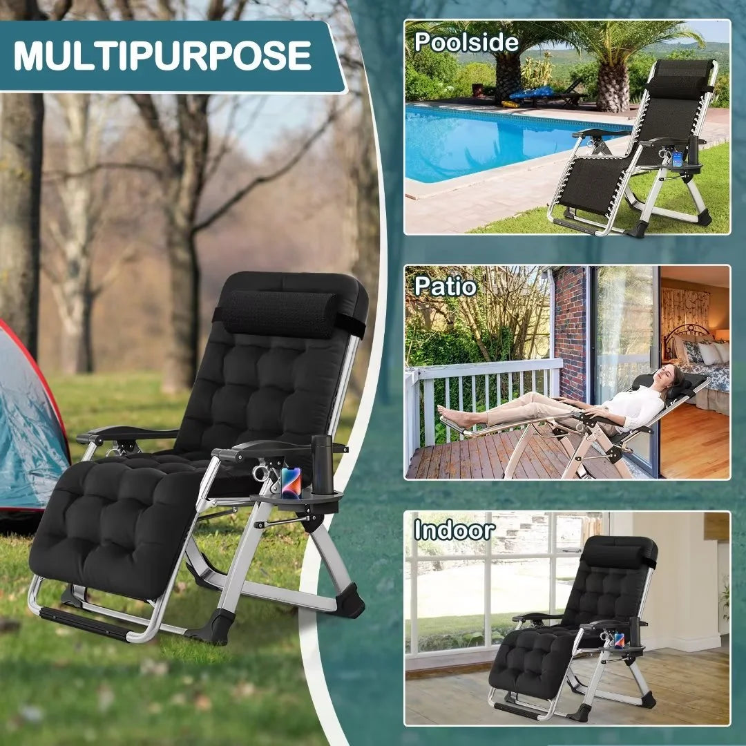 NAIZEA 2 Pack Zero Gravity Chair. Foldable Portable Lawn Recliner with Cushion. Headrest. Cup Holder. Black