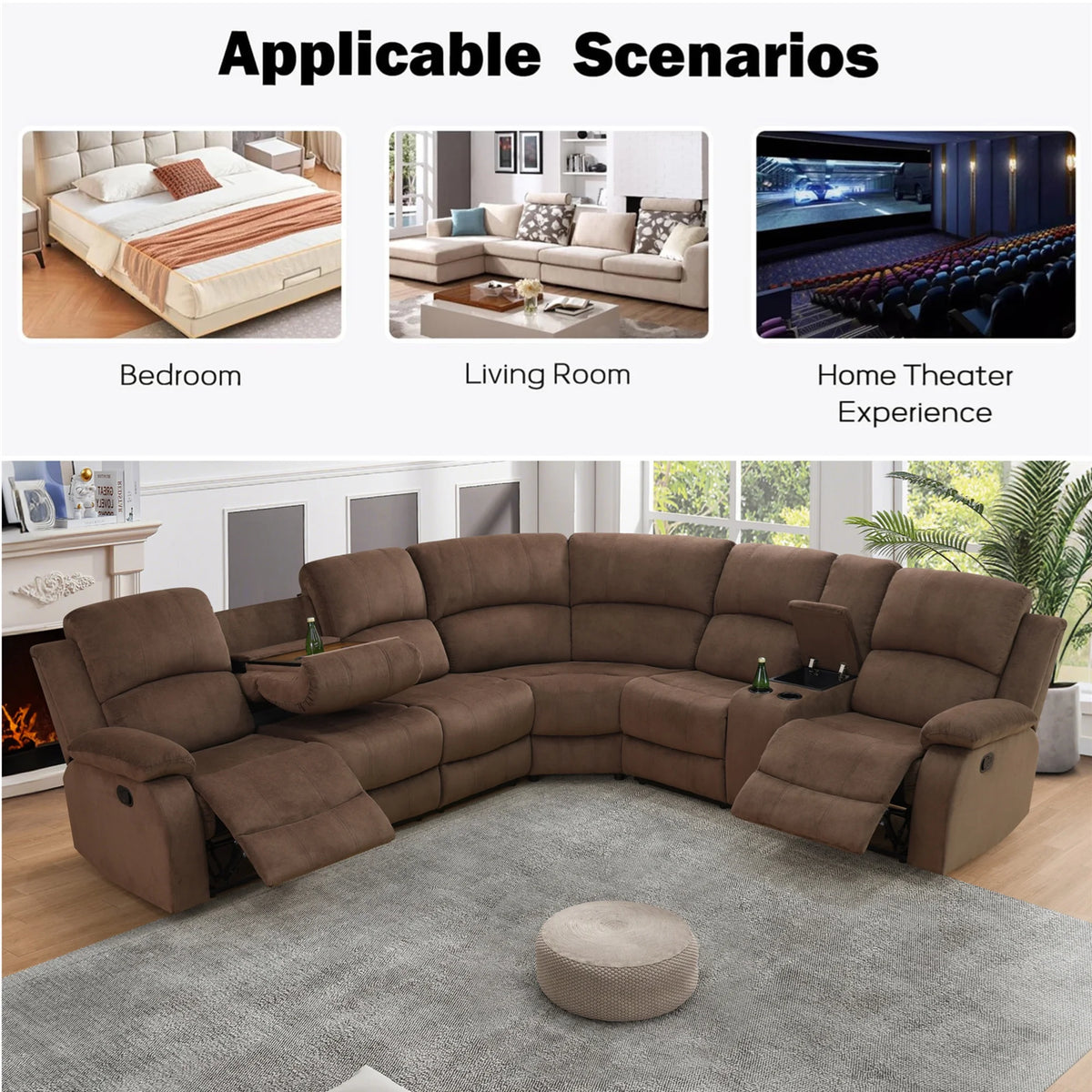 Aukfa 3 - Piece Recliner Sofa Set. 6 Seat Sectional Couch with Cup Holders&Storage Console. Gray
