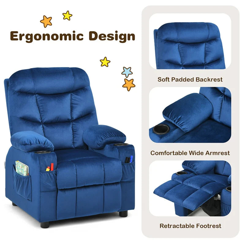 Kids Recliner Chair Adjustable Velvet Lounge Sofa with Cup Holders. 3 Pockets. Retractable Footrest. Toddler Furniture Sofa for Boys Girls Room