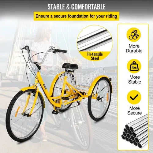 Adult 26-Inch 7-Speed Cruiser Tricycle – Three-Wheel Bicycle with Front Basket. Comfort Saddle &amp; Smooth Gear Shifting