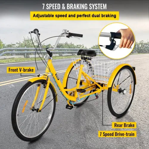 Adult 26-Inch 7-Speed Cruiser Tricycle – Three-Wheel Bicycle with Front Basket. Comfort Saddle &amp; Smooth Gear Shifting