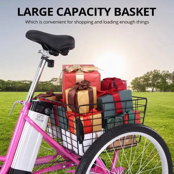 Adult Electric Tricycle – 7-Speed Folding E-Trike with 24″ Wheels. 36V 10Ah Removable Battery. 250W Motor. and 330-Lb Load Capacity