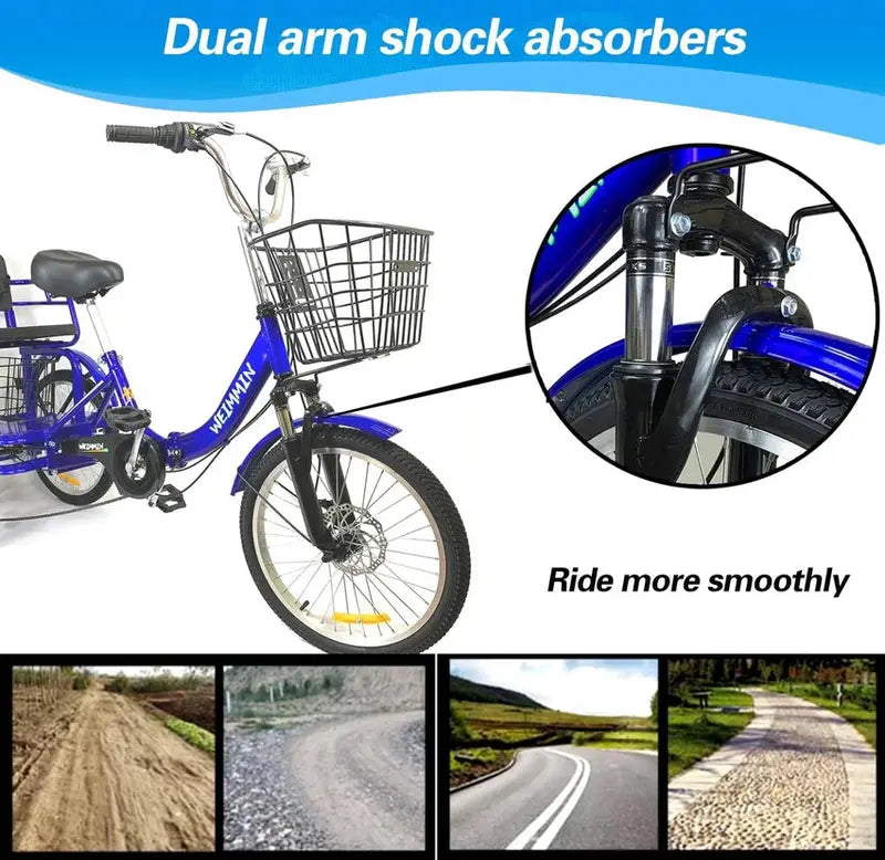 Adult Folding Tricycle – 7-Speed. 20-Inch Wheels. Star-Striped Blue Frame