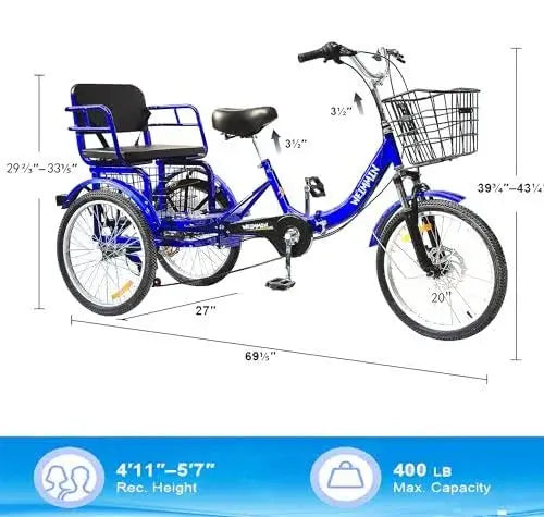 Adult Folding Tricycle – 7-Speed. 20-Inch Wheels. Star-Striped Blue Frame