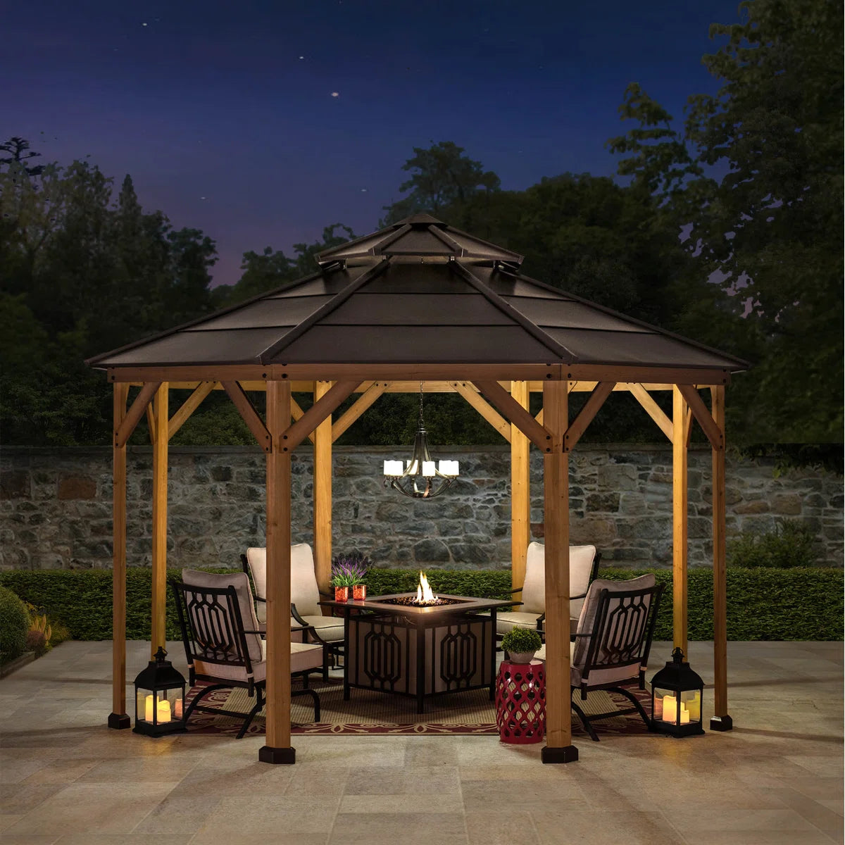 Sunjoy 13 x 13 ft. Cedar Framed Octagon Wood Gazebo with Double Tiered Steel Hardtop Roof and Ceiling Hook for Garden. Backyard Shade