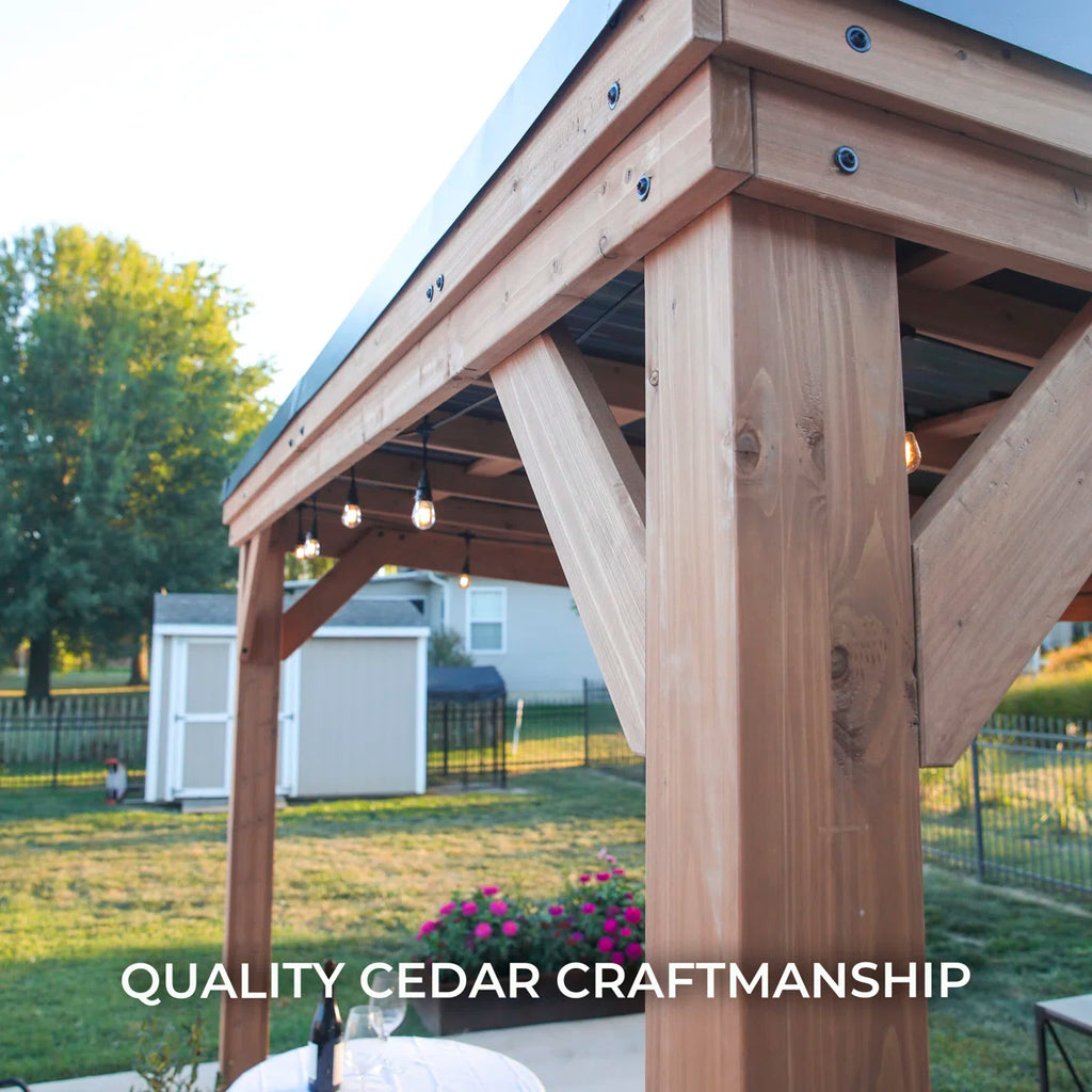 Backyard Discovery Arcadia 20' x 9.5' Cedar Wood Outdoor Patio Gazebo with Hardtop Galvanized Steel Slope Roof and PowerPort