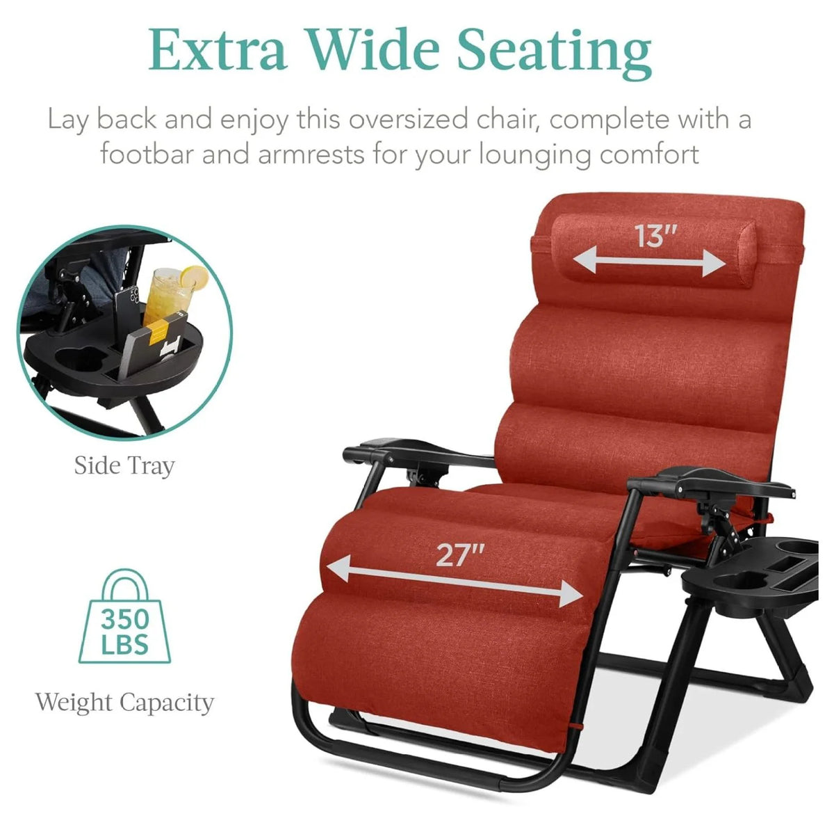Oversized Chair. Folding Outdoor Patio Recliner. XL Anti Gravity Lounger W/Removable Cushion. Cup Holder. Side Tray. 350 lb Capacity - Taupe
