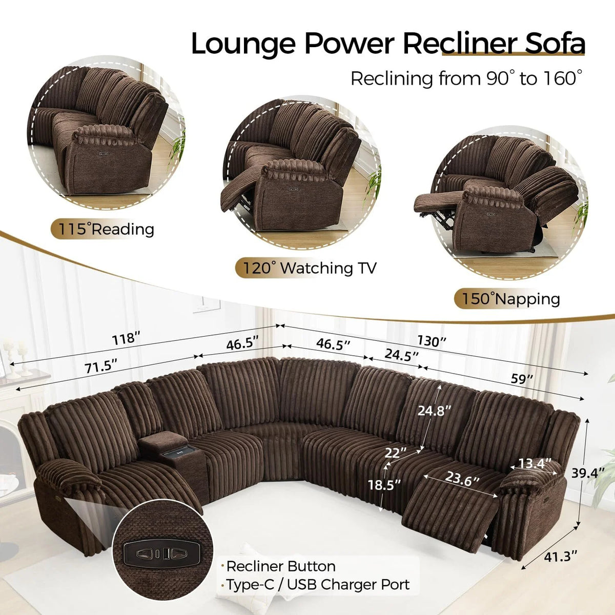Power Reclining Sectional Sofa with Wireless Charger. 6 - Seater Faux Fur Sectional with Recliners. Hidden Cup Holders. Storage Console. USB & Type - C Ports. Black