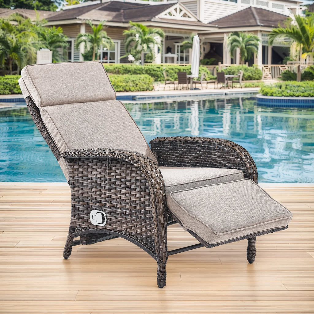 OPOHORO Outdoor Recliner Chair. Adjustable Reclining Patio Chair with Cushion. Wicker Outdoor Chaise Lounge with Adjustable Backrest and Footrest. Ideal for Pool Deck. Beige