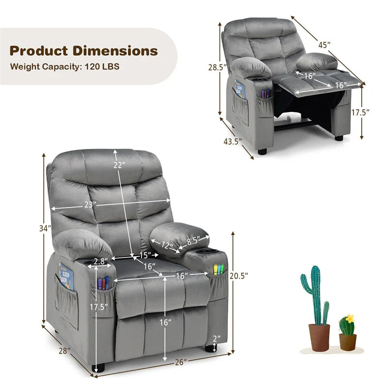Kids Recliner Chair Adjustable Velvet Lounge Sofa with Cup Holders. 3 Pockets. Retractable Footrest. Toddler Furniture Sofa for Boys Girls Room