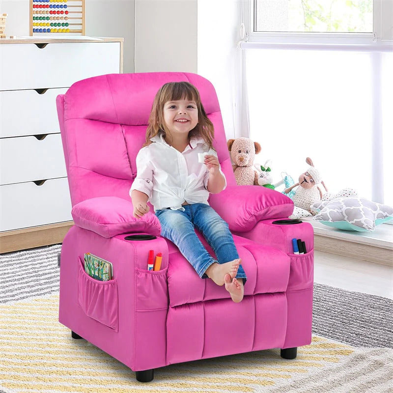 Kids Recliner Chair Adjustable Velvet Lounge Sofa with Cup Holders. 3 Pockets. Retractable Footrest. Toddler Furniture Sofa for Boys Girls Room