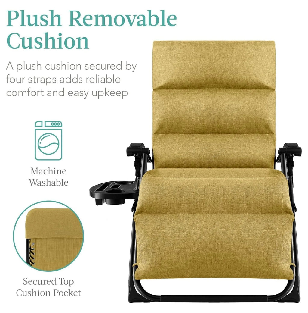 Oversized Chair. Folding Outdoor Patio Recliner. XL Anti Gravity Lounger W/Removable Cushion. Cup Holder. Side Tray. 350 lb Capacity - Taupe