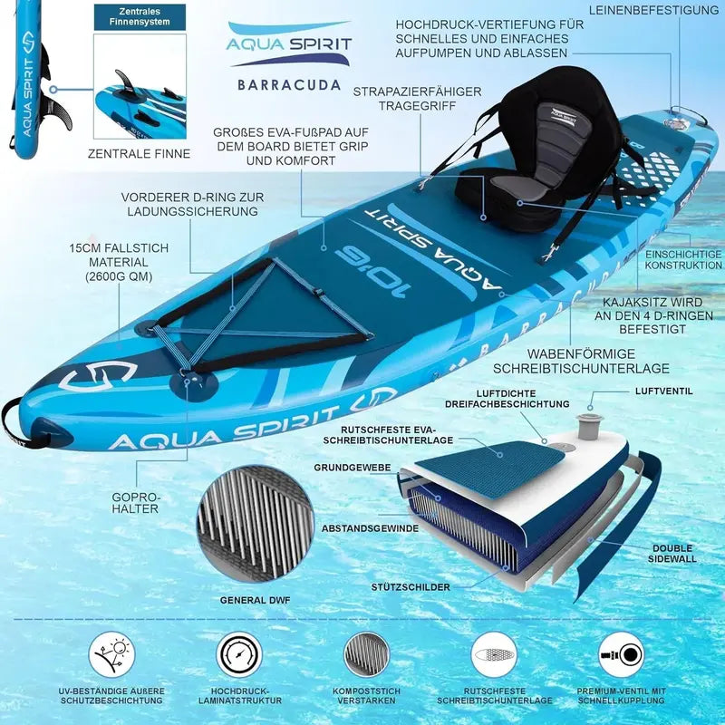 Aqua Spirit Inflatable SUP Board – 320 x 81 x 15 cm Stand-Up Paddleboard with Full Accessory Kit (Paddle. Seat. Backpack. Pump) – Blue