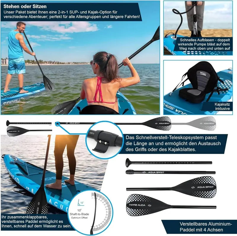 Aqua Spirit Inflatable SUP Board – 320 x 81 x 15 cm Stand-Up Paddleboard with Full Accessory Kit (Paddle. Seat. Backpack. Pump) – Blue