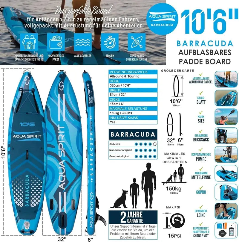 Aqua Spirit Inflatable SUP Board – 320 x 81 x 15 cm Stand-Up Paddleboard with Full Accessory Kit (Paddle. Seat. Backpack. Pump) – Blue