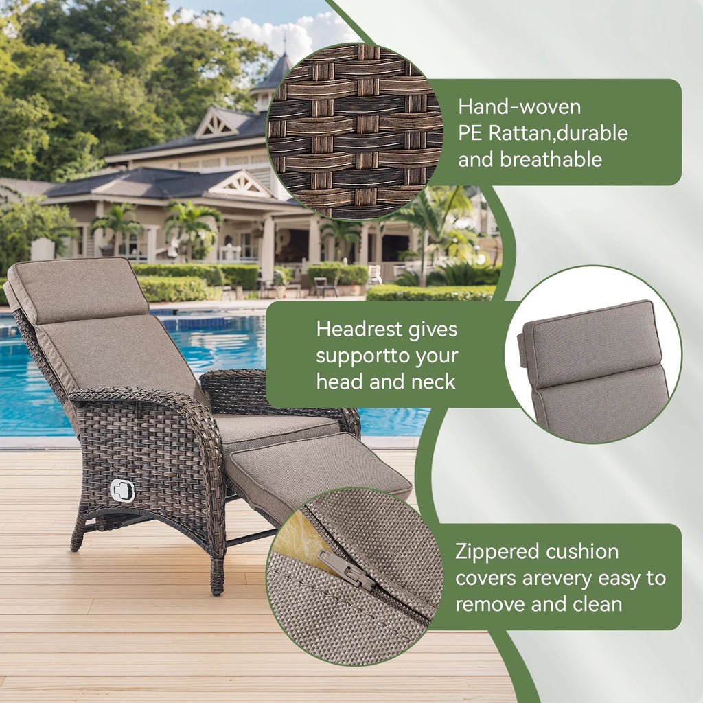 OPOHORO Outdoor Recliner Chair. Adjustable Reclining Patio Chair with Cushion. Wicker Outdoor Chaise Lounge with Adjustable Backrest and Footrest. Ideal for Pool Deck. Beige