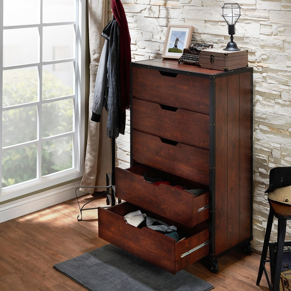 Aurville Vintage Walnut 5-Drawer Mobile Chest by Furniture of America