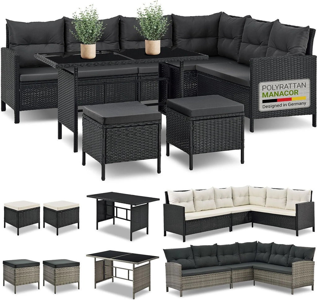 Juskys Polyrattan Lounge Manacor - Sofa. Tisch. Hocker & Kissen - Schwarz & Grau
