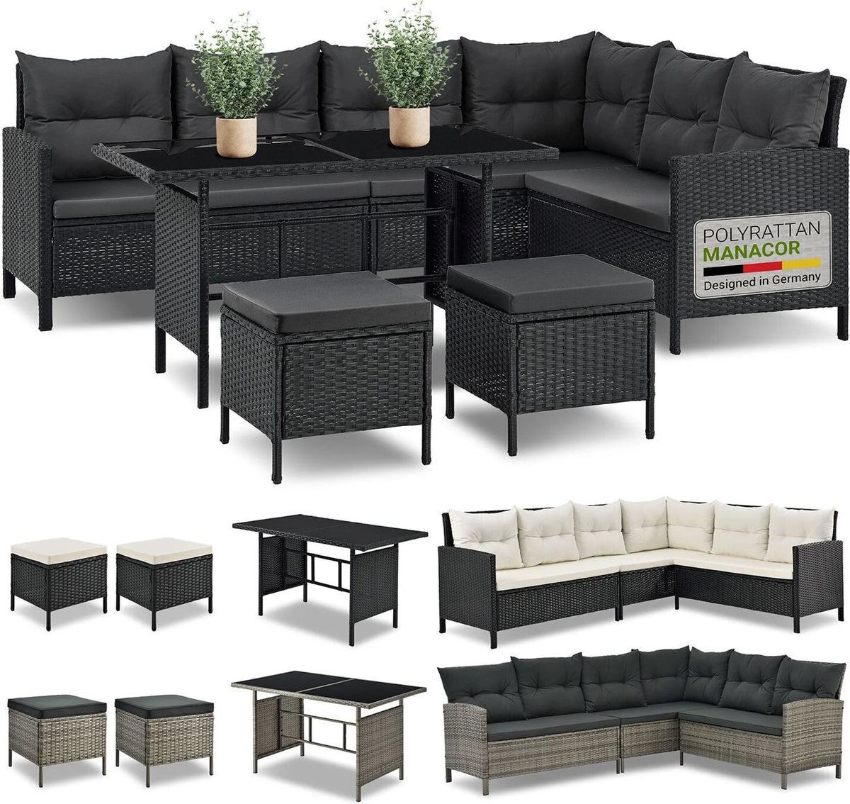 Juskys Polyrattan Lounge Manacor - Sofa. Tisch. Hocker & Kissen - Schwarz & Grau