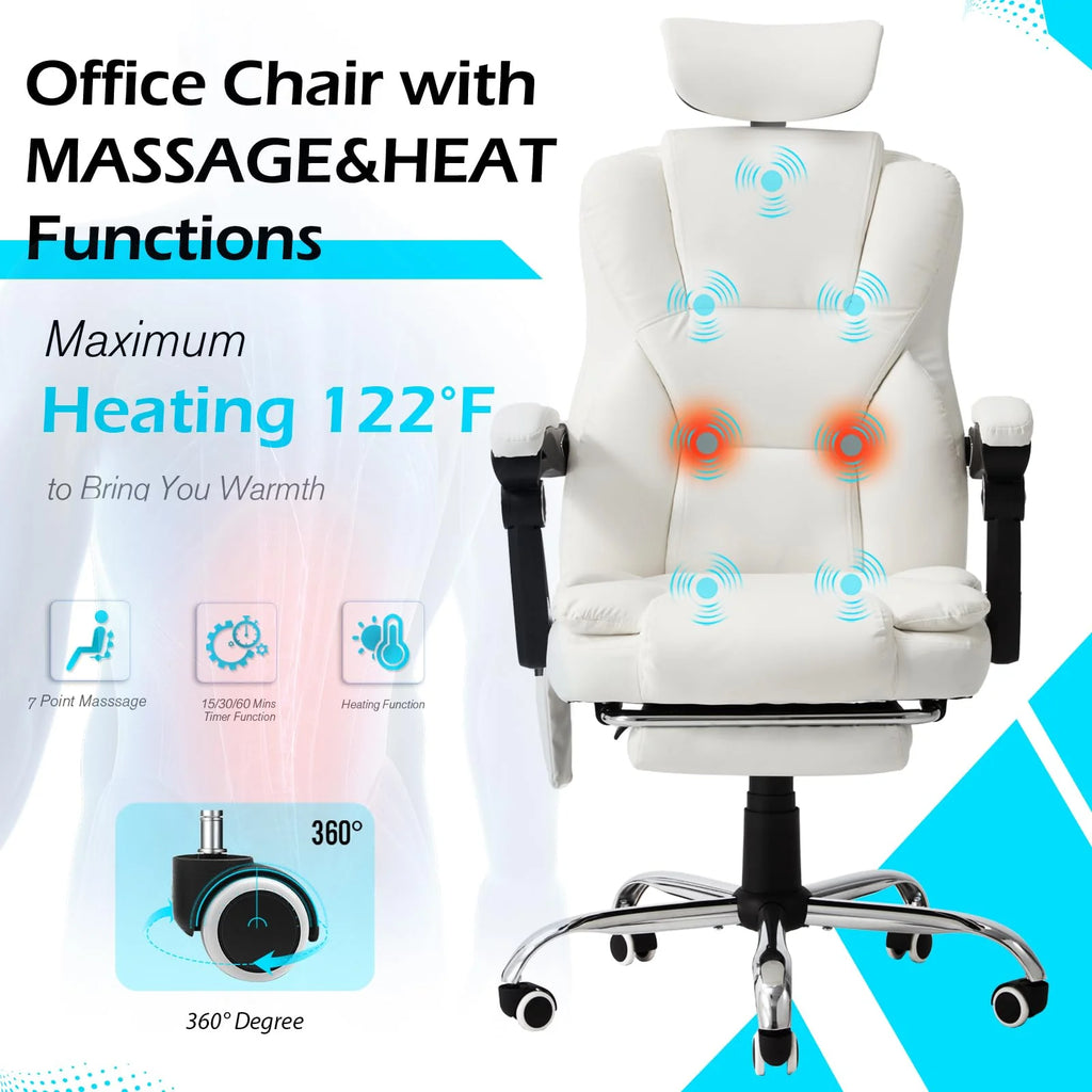 AECOJOY Office Chair with 7 Points Vibration Massage&Heat. Adjustable Ergonomic Recliner. Cream White