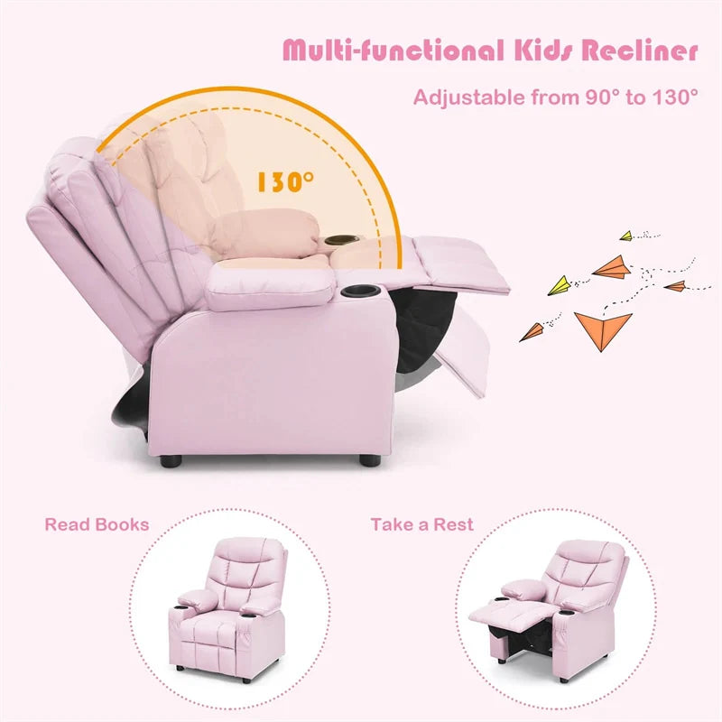 Kids Recliner Chair PU Leather Adjustable Lounge Sofa with Cup Holder. 3 Pockets & Retractable Footrest. Ergonomic Toddler Furniture Sofa