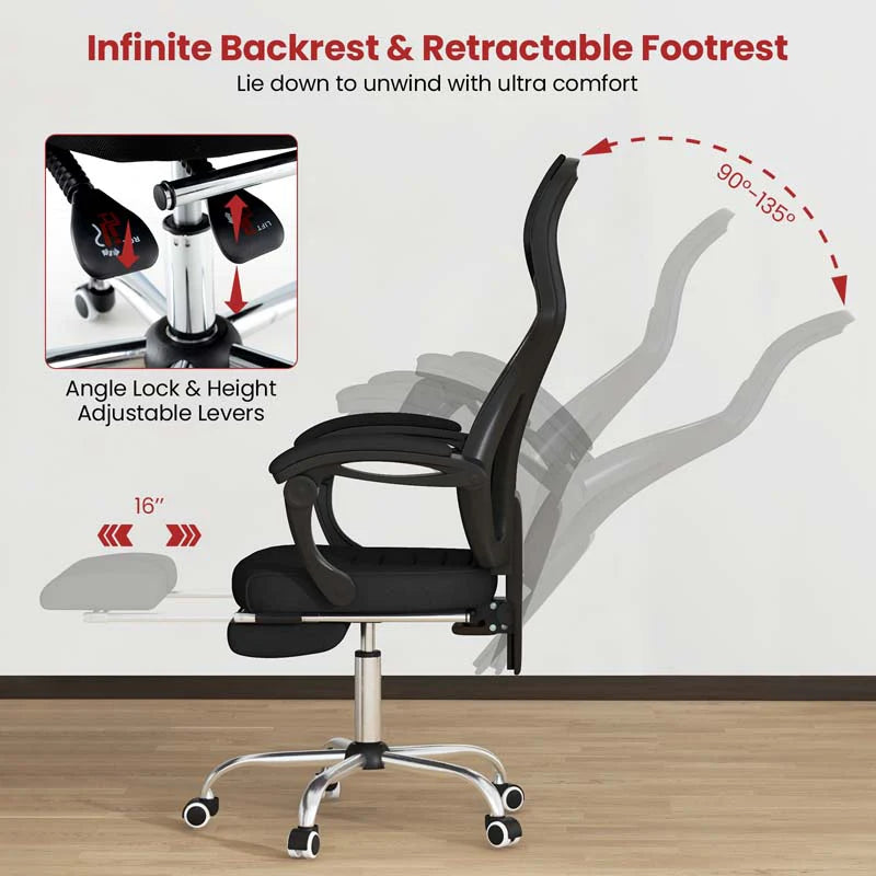 Mesh Office Chair Ergonomic Desk Chair with Footrest and Tilting Backrest. High Back Recliner Swivel Task Chair for Home Office