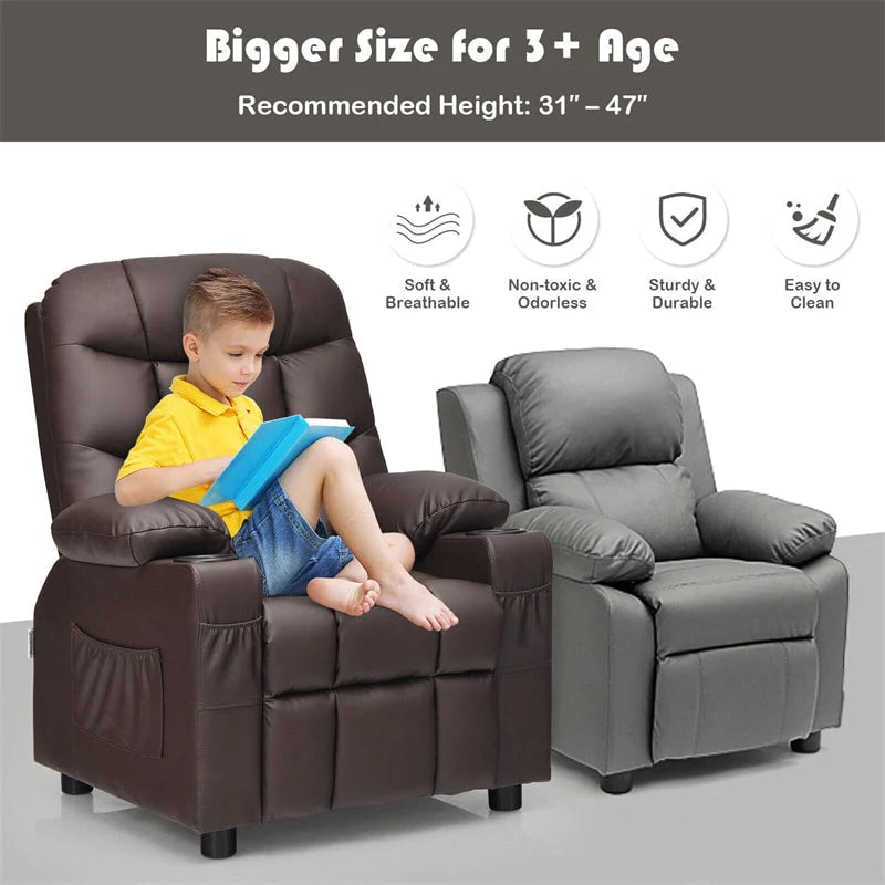 Kids Recliner Chair Adjustable Velvet Lounge Sofa with Cup Holders. 3 Pockets. Retractable Footrest. Toddler Furniture Sofa for Boys Girls Room