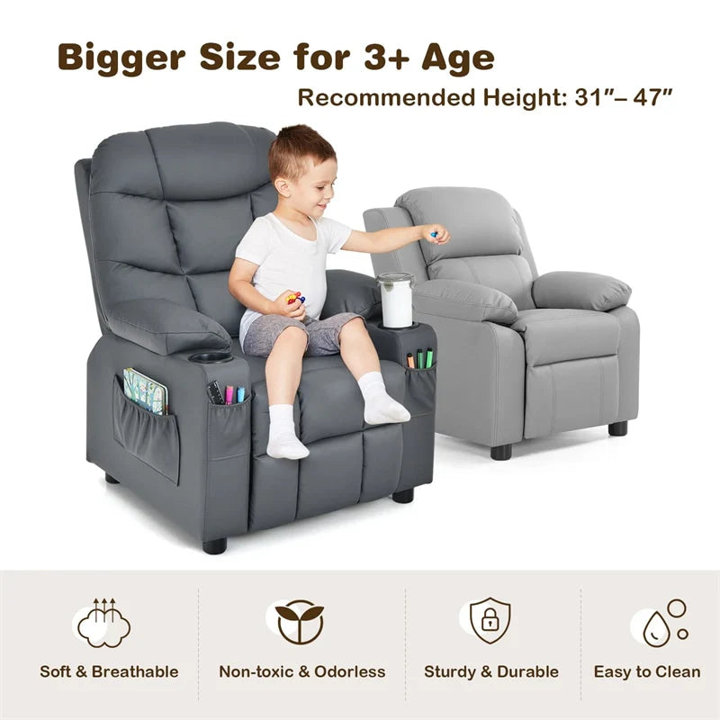 Kids Recliner Chair PU Leather Adjustable Lounge Sofa with Cup Holder. 3 Pockets & Retractable Footrest. Ergonomic Toddler Furniture Sofa