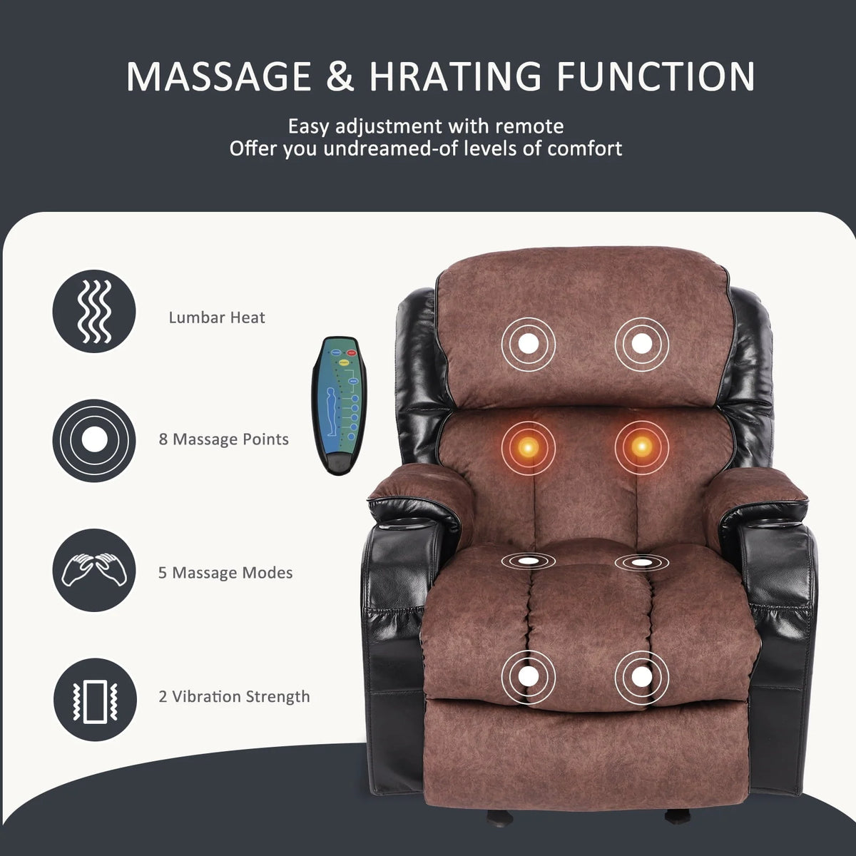 Leather Massage Recliner Chair. Modern Electric Power Rocker with Heated Massage. Ergonomic Lounge Chair. SEGMART Single Sofa Seat with Drink Holders for Living Room. Black and Brown