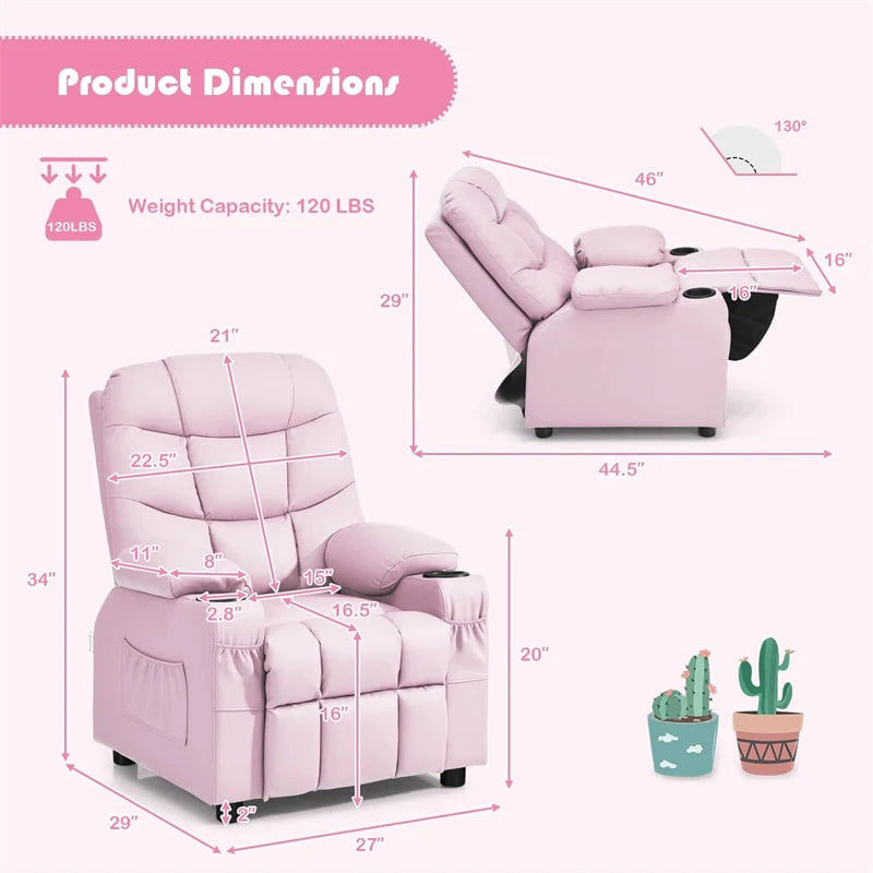 Kids Recliner Chair PU Leather Adjustable Lounge Sofa with Cup Holder. 3 Pockets & Retractable Footrest. Ergonomic Toddler Furniture Sofa