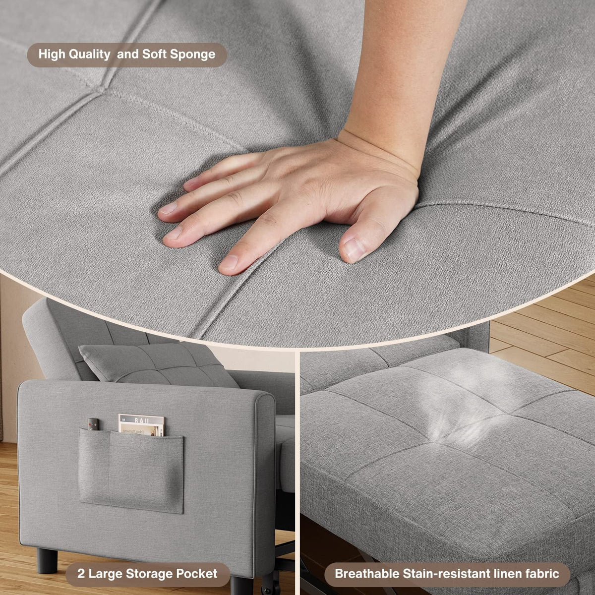 Lofka Chair Bed. Convertible Sofa Bed Couch Recliner Single Bed for Living Room/Office/Bedroom. Light Gray