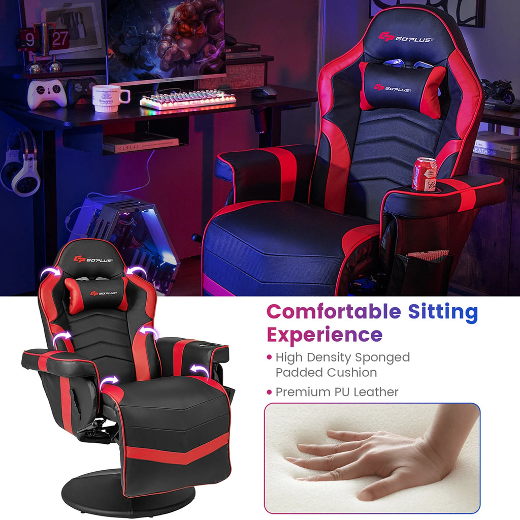 Goplus Massage Gaming Recliner Height Adjustable Racing Swivel Chair with Cup Holder Red