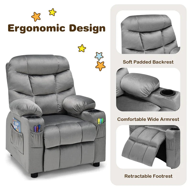 Kids Recliner Chair Adjustable Velvet Lounge Sofa with Cup Holders. 3 Pockets. Retractable Footrest. Toddler Furniture Sofa for Boys Girls Room