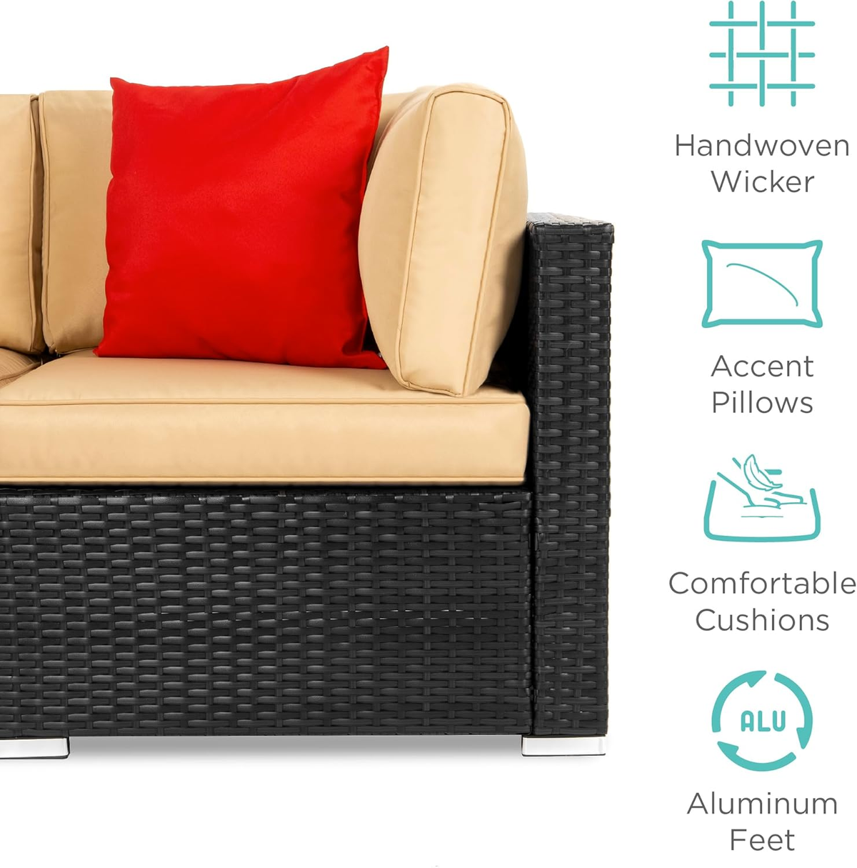 7-Piece Modular Outdoor Sectional Wicker Patio Conversation Set w/ 2 Pillows. Coffee Table