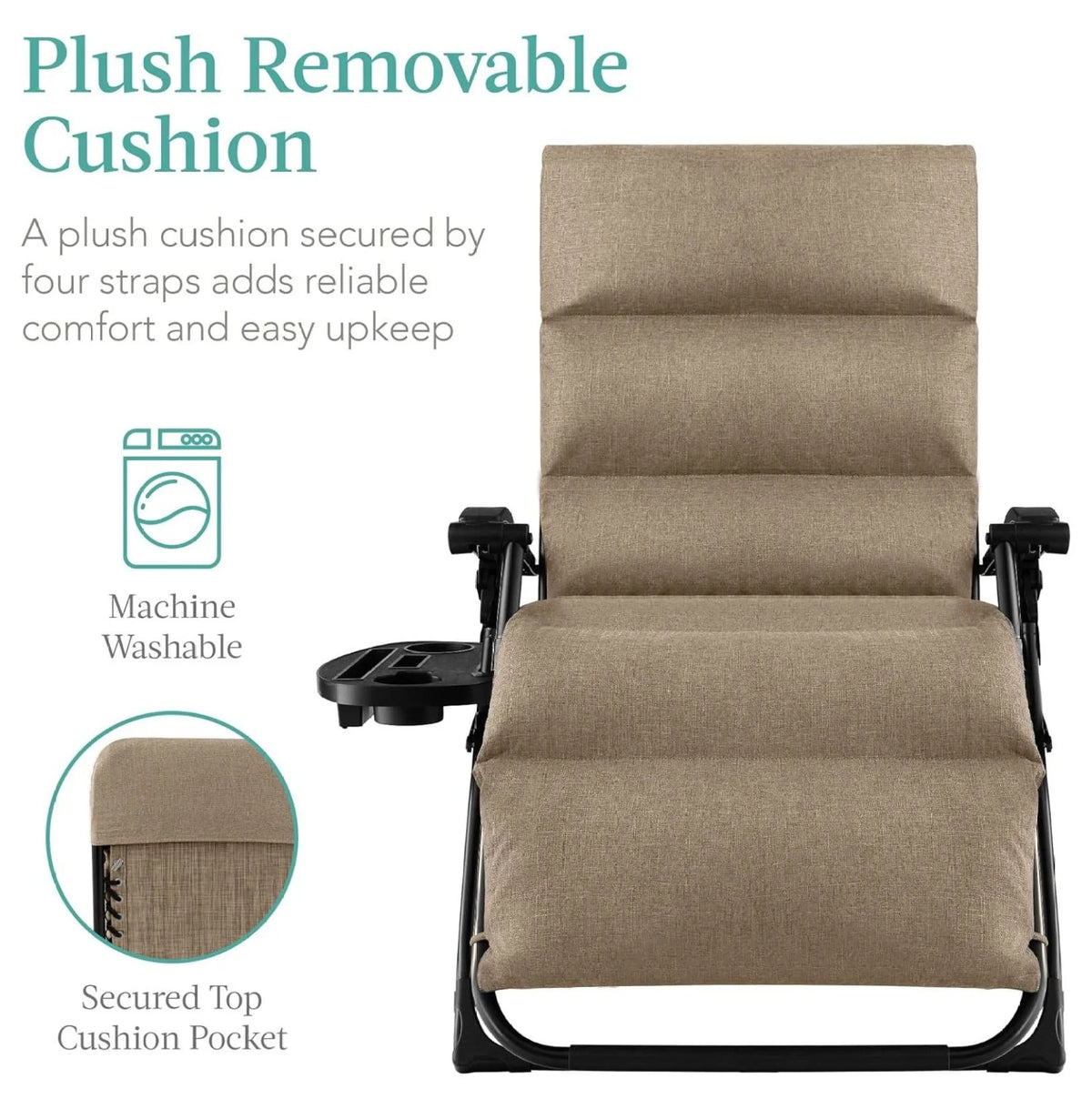 Oversized Chair. Folding Outdoor Patio Recliner. XL Anti Gravity Lounger W/Removable Cushion. Cup Holder. Side Tray. 350 lb Capacity - Taupe